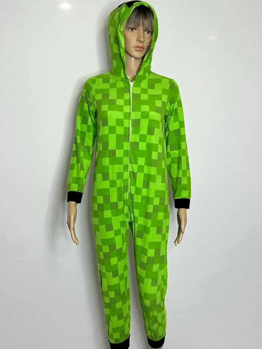 Minecraft Boys 10/12 Green Pixel Fleece Hooded One Piece Pajama Costume
